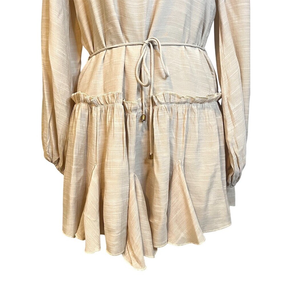 Y2k Beige Mini Tiered Layered Dress S Tie Waist Summer Spring Party - Picture 3 of 12